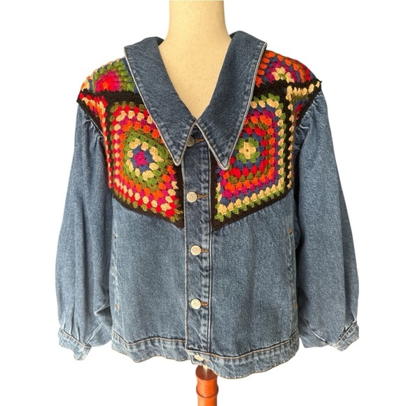 FARM Rio Blue Denim Jacket with Multicolor Crochet Panels - Picture 3 of 7
